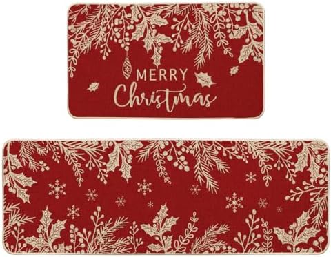 Artoid Mode Holly Pine Branches Leaves Merry Christmas Kitchen Mats Set of 2, Winter Decor Low-Profile Kitchen Rugs for Floor - 17x29 and 17x47 Inch