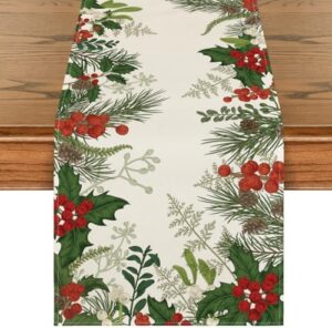 Artoid Mode Holly Pine Cone Christmas Table Runner, Seasonal Winter Kitchen Dining Table Decoration for Home Party Decor 13x90 Inch