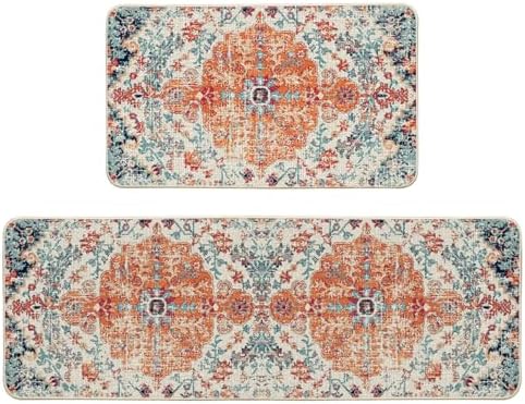 Artoid Mode Orange Flowers Bohemia Kitchen Mats Set of 2, Daily Boho Home Decor Low-Profile Kitchen Rugs for Floor - 17x29 and 17x47 Inch