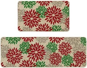 Artoid Mode Red Green Dahlia Floral Boho Christmas Kitchen Mats Set of 2, Winter Home Decor Low-Profile Kitchen Rugs for Floor - 17x29 and 17x47 Inch