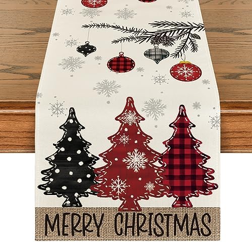 Artoid Mode Red Pine Trees Merry Christmas Table Runner, Winter Xmas Holiday Kitchen Dining Table Decoration for Home Party Decor 13x48 Inch