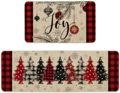 Artoid Mode Red Xmas Trees Ball Joy Snowflakes Christmas Kitchen Mats Set of 2, Winter Decor Low-Profile Kitchen Rugs for Floor - 17x29 and 17x47 Inch