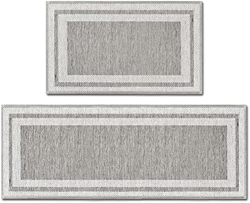 Artoid Mode Rubber Non-Slip Washable Absorbent Kitchen Rugs and Mats Set of 2, Kitchen Mats for Floor Kitchen Hallway Laundry Room in Front of Sink Grey - 17x29 and 17x47 Inch