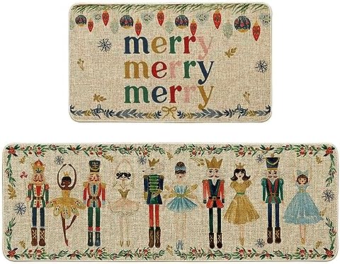 Artoid Mode Watercolor Nutcrackers Merry Christmas Decorative Kitchen Mats Set of 2, Home Party Low-Profile Kitchen Rugs - 17x29 and 17x47 Inch