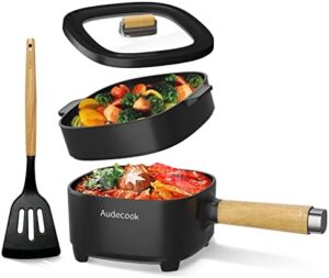 Audecook Hot Pot Electric with Steamer 2L, Cermic Glaze Non-Stick Frying Pan 8 Inch, Portable Travel Cooker for Ramen/Steak/Fried Rice/Oatmeal/Soup, with Dual Power Control (Silicone Spatula Included)