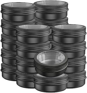 Axe Sickle 20 Pcs 4 Ounce aluminum Tins Jars Containers Round Clear Top Screw Lids Containers for Cosmetic, Salves, Balms, Lip Balm, Spices or Others, Black