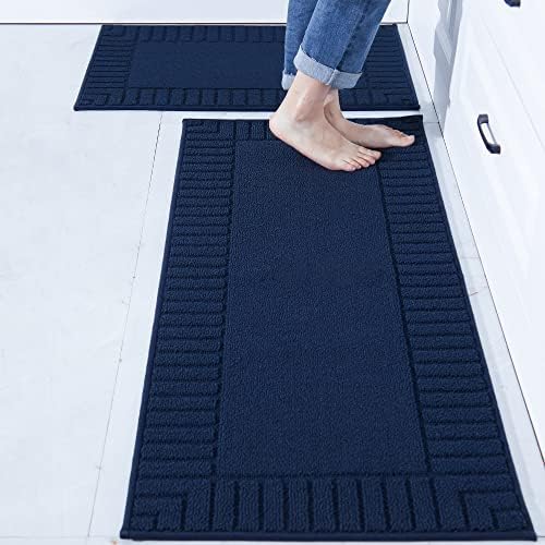 BEQHAUSE Kitchen-Rugs-Washable-Kitchen-Mats-for-Floor Non-Slip Kitchen Mats Set of 2 Absorbent Kitchen Runner Navy Blue with TPR Backing 20x30inch/20x48inch