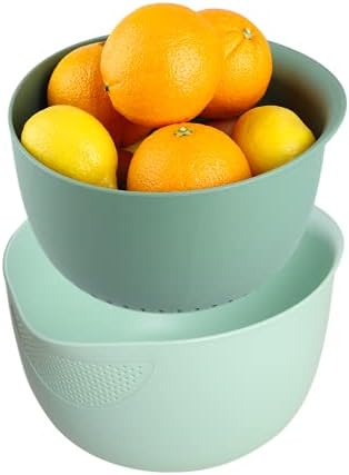 BLUE GINKGO Rice Strainer and Kitchen Colander Set - Strain Rice, Quinoa and Small Grains - Soak, Wash and Drain Vegetables and Fruit - (4 Quart Bowl) Olive and Sage