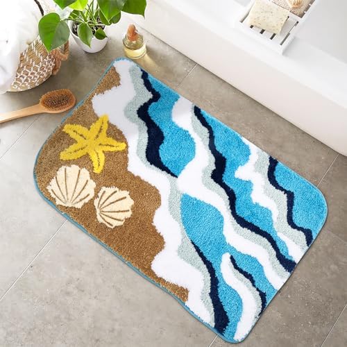 Beach Waves Bath Mat Ocean Starfish Seashell Tufted Rug Non-Slip Floor Mat for Bathroom Kitchen Plush Rug Soft Absorbent Bath Tub Carpet Spring Summer Room Decor