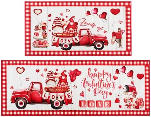 Bencailor 2 Pcs Valentine's Day Kitchen Rugs Red Heart Gnome Welcome Door Mats Non Slip Washable Decorative Doormat Absorbent Carpets Floor Mat for Indoor Outdoor Home Bathroom Front Door Decorations