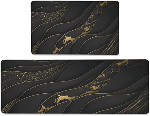 Black Gold Kitchen Rugs Set of 2 Anti-Fatigue 0.4 Inch Thick Abstract Kitchen Floor Mats Luxury Elegant Non Slip Waterproof Comfort Standing PVC Mat Decor for Sink Laundry 17.3 x 28+17.3 x 47 Inches