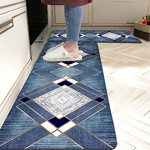 Blue Kitchen Rugs Mats Set of 2 Navy Grey Geometric Gold Line Anti Fatigue Kitchen Mat for Floor Non-Slip Rubber Cushioned Standing Mat Modern Kitchen Rug for Sink Laundry Home ,17.3x28+17.3x47 inch