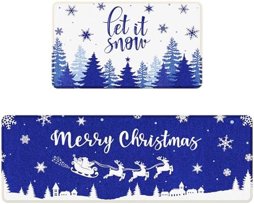 Blue Snowflakes Merry Christmas Kitchen Rugs Set of 2 Reindeer Let It Snow Decorative Xmas Winter Holiday Party Floor Mat Christmas Decorations for Indoor Outdoor Home Kitchen - 17x28 and 17x47 Inch