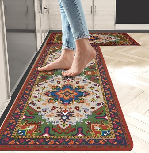 Boho Kitchen Rug Set of 2 Bohemian Farmhouse Anti Fatigue Non-Slip Kitchen Mats Vintage Comfort Standing Mat Waterproof PVC 2/5 Inch Thick Carpet for Sink Laundry Home Decor, 17.3 x 28+17.3 x 47 Inch