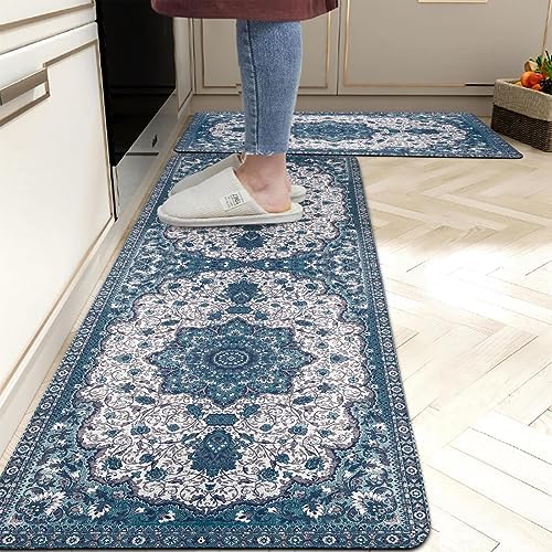 Boho Kitchen Rugs Set of 2 Farmhouse Non-Slip Washable Kitchen Rugs,Cushioned Anti Fatigue Vintage Bohemian Runner Rug Standing Floor Mat for Kitchen Sink,Office, Blue Teal,17.3 x 28+17.3 x 47 Inches