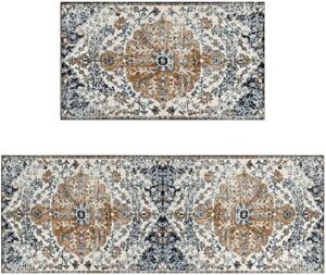 Boho Kitchen Rugs and Mats Sets of 2, Farmhouse Bohemian Vintage Kitchen Rug Decoration,Rubber Backing Non-Slip Absorbent Mats for Sink,Washable and Waterproof Runner Rug for Laundry Room