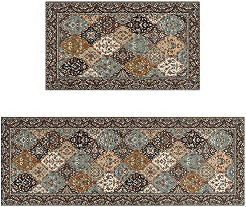 Boho Style Kitchen Rugs and Mats Set of 2 Farmhouse Rustic Kitchen Rugs Non Slip Super Absorbent Kitchen Mat for Sink Waterproof Runner Rug for Laundry Room 17"x 48"+17x30