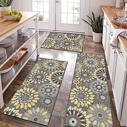 Bsmathom Boho Kitchen Rug Mat Sets 3 Piece, Farmhouse Non Slip Kitchen Rug Runner, Washable Non Skid Kitchen Rugs, Bohemian Kitchen Floor Mat for Hallway Entryway Laundry Room