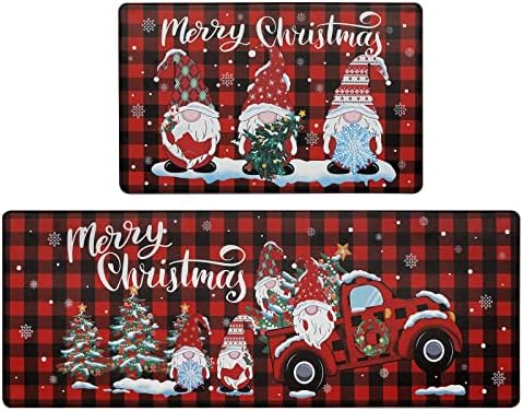 Bsmathom Christmas Anti Fatigue Kitchen Mat Set of 2, Waterproof Non-Slip Kitchen Mats and Rugs, Cushioned Buffalo Plaid Kitchen Rugs Comfort Floor Mat for Kitchen, Floor,Office, Sink, Laundry