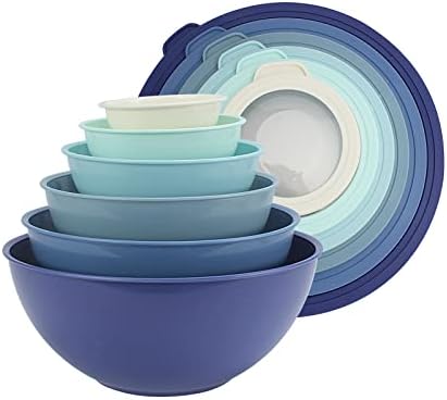 COOK WITH COLOR Mixing Bowls with TPR Lids - 12 Piece Plastic Nesting Bowls Set includes 6 Prep Bowls and 6 Lids, Microwave Safe (Blue)