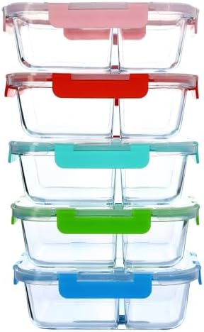 CYUFU 5 Packs 30oz Glass Meal Prep Containers 2 Compartments, Glass Food Storage Containers with Lids, Airtight Glass Bento Boxes, Oven, Freezer and Dishwasher Safe