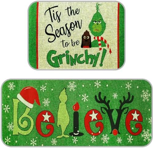 CZS Christmas Kitchen Rugs and Mats Set of 2, Christmas Kitchen Mats, Christmas Winter Holiday Party Low-Profile Kitchen Rugs for Home Kitchen, 17x29 and 17x47 Inch