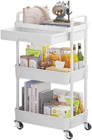 Calmootey 3-Tier Rolling Utility Cart with Drawer,Multifunctional Storage Organizer with Plastic Shelf & Metal Wheels,Storage Cart for Kitchen,Bathroom,Living Room,Office,White