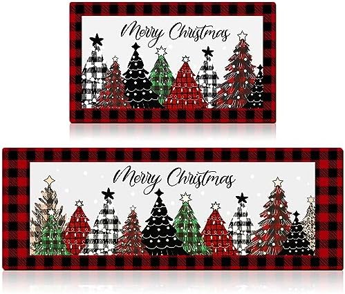 Ceenna 2 Pcs Merry Chirstmas Kitchen Rugs Sets Floor Mats Buffalo Plaid Xmas Tree Non-Slip Rugs Winter Low-Profile Floor Mat Christmas Decor for Home 17 x 29 Inch and 17 x 47 Inch(Red Black Plaid)