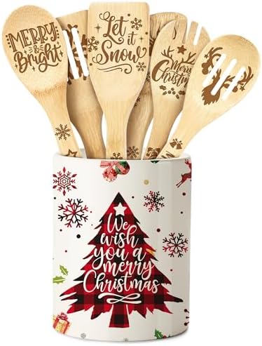 Christmas Decorations, Christmas Utensil Holder for Kitchen Counter, Christmas Tree Indoor Kitchen Decor for Countertop, Kitchen Utensil Organizer with Bamboo Utensils Set(5.12" x 5.12" x 6.3")