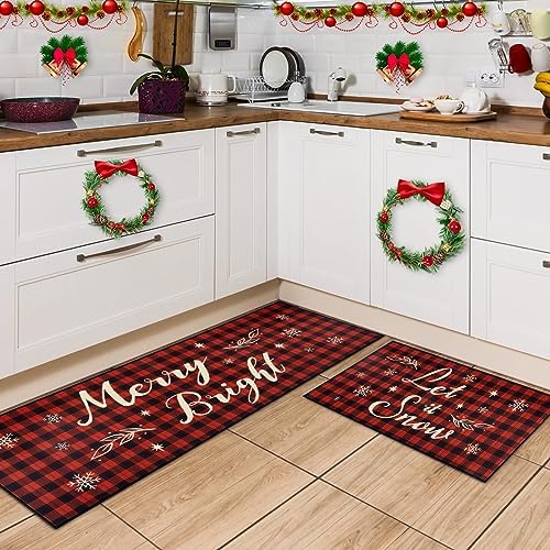 Christmas Kitchen Mat - 2 Piece Kitchen Mats Set Red Buffalo Plaid Indoor Floor Mats Non-Slip Kitchen Backing Area Rugs Xmas Door Carpet for Kitchen Home Christmas Decor (17’’ x 47’’+17’’ x 30’’)