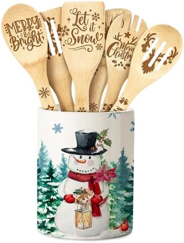 Christmas Utensil Holder, Ceramic Kitchen Utensil Holder with Bamboo Spoons as Christmas Kitchen Decor, Kitchen Utensil Organizer for Snowman Decor (5.12" x 5.12" x 6.3"),