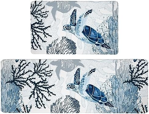 Coastal Beach Kitchen Floor Mat Rugs Nautical Decorative Coral Sea Turtle Kitchen Rugs Anti Fatigue Mats Non-Slip Comfort Standing Cushioned for Kitchen 17.3" 28" + 17.3" x 47" Set 2 Pcs Navy Blue