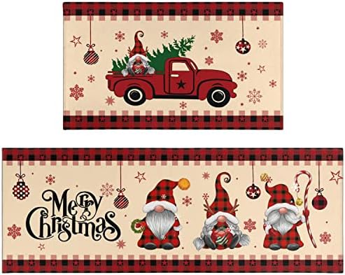 CocoBelin Christmas Gnome Kitchen Rug and Mat 2 Pcs,Red Truck Snowflake Tree Buffalo Plaid Bathroom Rug Non Slip Cushioned Mat Runner Rug Doormat for Christmas Farmhouse Kitchen Decor,17x30+17x47inch