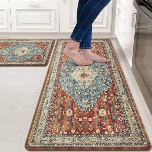 Collive Boho Kitchen Mat 2PCS Cushioned Kitchen Mats for Floor, Anti-Fatigue Mat Waterproof Kitchen Rug Set of 2 Non-Skid Comfort Standing Mat for Kitchen, Office, Sink, Laundry, 17"x30"+17"x47"