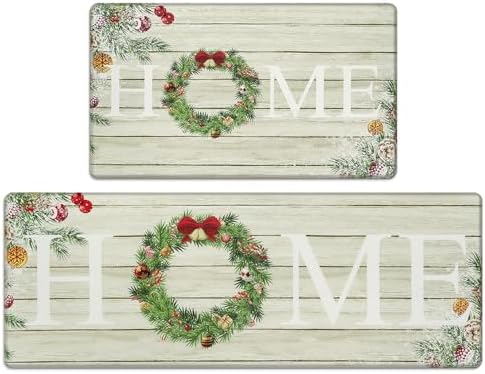 Collive Christmas Kitchen Mats Cushioned Anti Fatigue Set 2 Pieces Kitchen Rugs and Mats Non-Skid Waterproof Christmas Kitchen Standing Mat for Floor,Home,Laundry