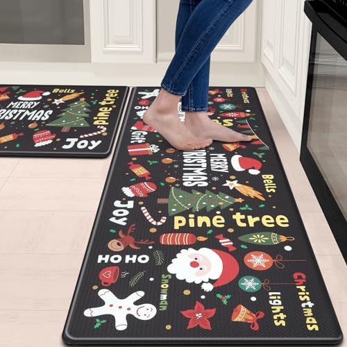 Collive Merry Christmas Kitchen Mat, Cushioned Anti Fatigue Kitchen Rug Set, 2 Piece Non-Skid Waterproof Kitchen Mats for Floor, Comfort Heavy Duty Standing Mat for Kitchen, Laundry, Office, Desk