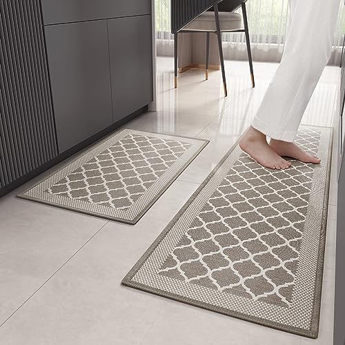 Color G Kitchen Rugs Mats Sets of 2, Non Skid Washable Kitchen Runner Rug for Floor, Front of Sink, Laundry Room, Non Slip Absorbent Rug and Mat Set, 17"x29"+17"x59", Beige