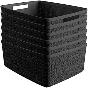 Curver Set of 6 Jute Medium Decorative Plastic Organization and Storage Baskets Perfect Bins for Home Office, Closet Shelves, Kitchen Pantry and All Bedroom Essentials, Black