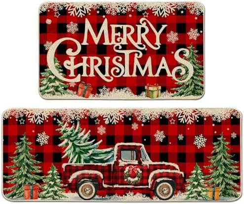 Cusugbaso Christmas Kitchen Mats for Floor, Christmas Kitchen Rugs Set of 2 - Farmhouse Truck Red Buffalo Plaid Christmas Kitchen Decor - Christmas Decorations for Bathroom,Home,Indoor 17"x27+17"x47"