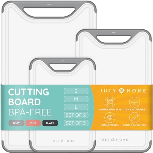 Cutting Boards for Kitchen - Plastic Cutting Board Set of 3, Dishwasher Safe Cutting Boards with Juice Grooves, Thick Chopping Boards for Meat, Veggies, Fruits, Easy Grip Handle, Non-Slip (Gray)