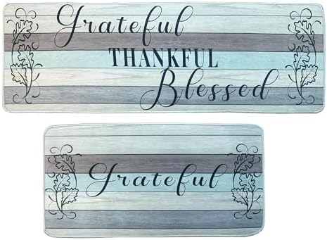 DALISHI Thanksgiving Kitchen Rugs Set of 2 Non-Slip Blue Kitchen Rug and Mat Farmhouse Rugs 16 x 31.5 in +16 x 47.3 in (Blue-Thankful Rugs)