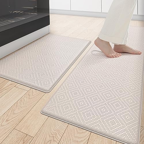 DEXI Kitchen Mat Cushioned Anti Fatigue, 2 PCS Kitchen Rug Set Non Slip, Waterproof Comfort Standing Kitchen Floor Mat, 17"x29"+17"x59", Beige