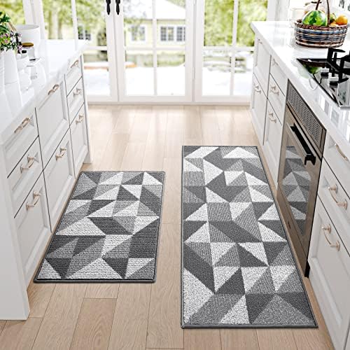 DEXI Kitchen Mats for Floor Hallway Non Skid Washable Rugs Set,20"x32"+20"x47", Grey