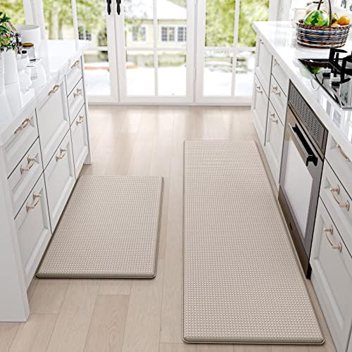 DEXI Kitchen Rugs and Mats Cushioned Anti Fatigue Comfort Mat Non Slip Standing Rug 2 Pieces Set 17"x29"+17"x59",Beige White