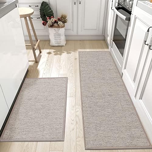 DEXI Kitchen Rugs and Mats Non Slip Washable, Absorbent Kitchen Mats, Woven Kitchen Runner Rug, Kitchen Floor Mats for Front of Sink, Laundry Room, Hallway, 17"x29"+17"x59", Khaki