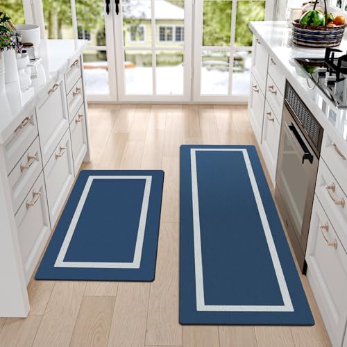 DEXI Kitchen Rugs and Mats for Floor Runner Rug Thin Non Skid Washable Pad Comfort Sink Mat for Laundry Room, Hallway, Set of 2, 17"x29"+17"x59", Navy Blue