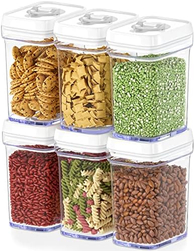 DWËLLZA KITCHEN Clear Airtight Food Storage Containers for Pantry With White Lids – 6 Pack - Air Tight Kitchen Containers Pantry Organization and Storage - BPA-Free Plastic - Keeps Food Fresh & Dry