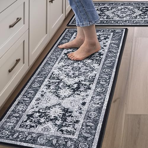 Disolla Kitchen Rugs Set of 2 Non Slip Washable Comfort Standing Mat for Sink Water Absorbent Cushioned Floor Mats for Kitchen Laundry 17x32 + 17x48 inches, Black Gray