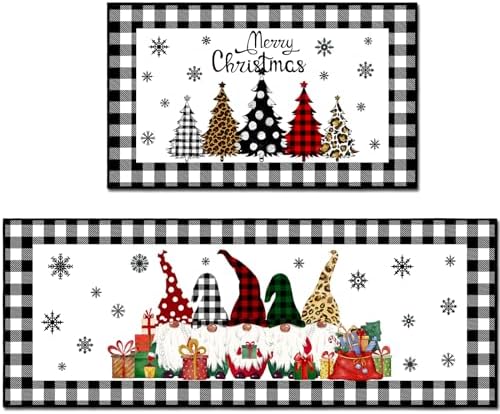 Drydiet 2 Pcs Christmas Kitchen Rugs and Mats Set Plaid Buffalo Santa Snowman Kitchen Mats Absorbent Non Slip Christmas Winter Doormat for Kitchen Decor, 47 x 17 Inch, 29 x 17 Inch (Plaid)