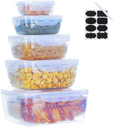 ECASIS 5 Food Storage Containers,Airtight Plastic Meal Prep Containers With Leakproof Locking Lids,for Microwave, Oven, Freezer and Dishwasher - Pen&Label（Blue）